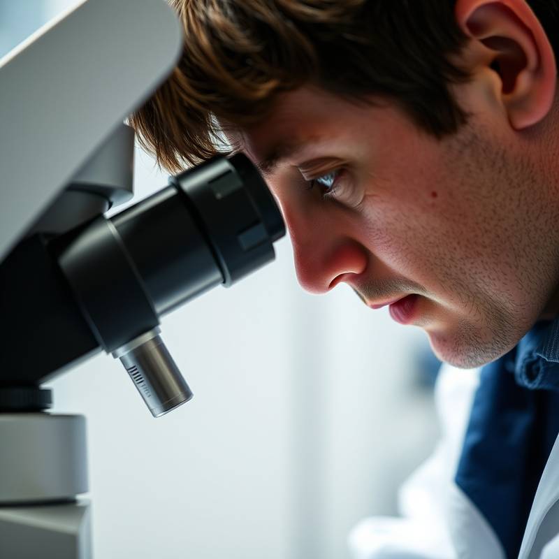 Close-up of David Lee, a biotech researcher, peering through a microscope.