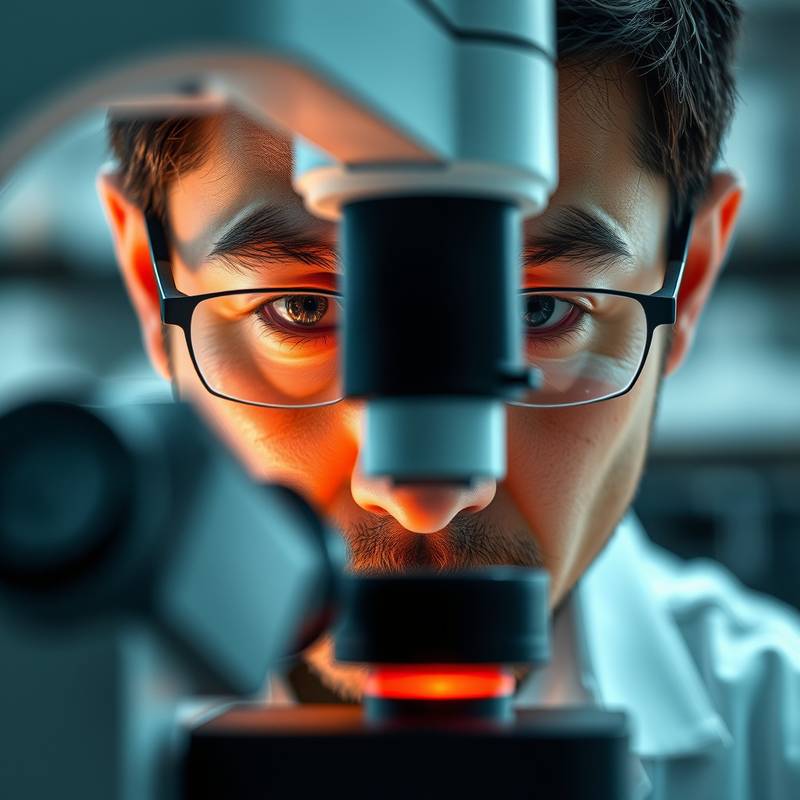 Close-up of David Lee, a biotech researcher, peering through a microscope.