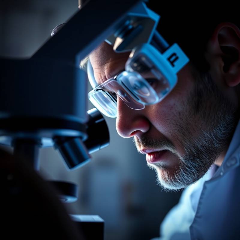 Close-up of David Lee, a biotech researcher, peering through a microscope.