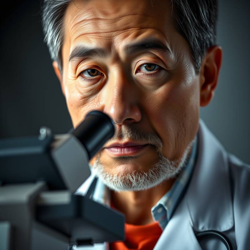 Close-up portrait of Dr. David Lee in a lab coat, peering through a microscope with a focused expression.