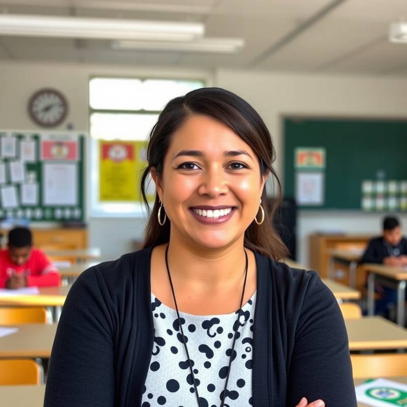 Image of Maria Rodriguez, an innovative educator, in a modern classroom setting.
