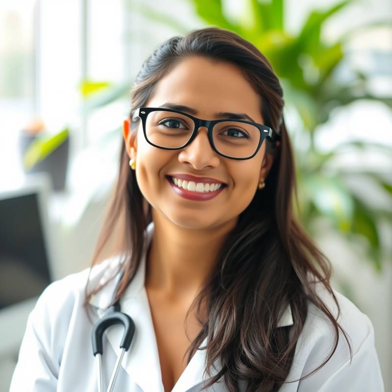 Portrait of Dr. Anya Sharma, a smiling woman with glasses in a professional setting.