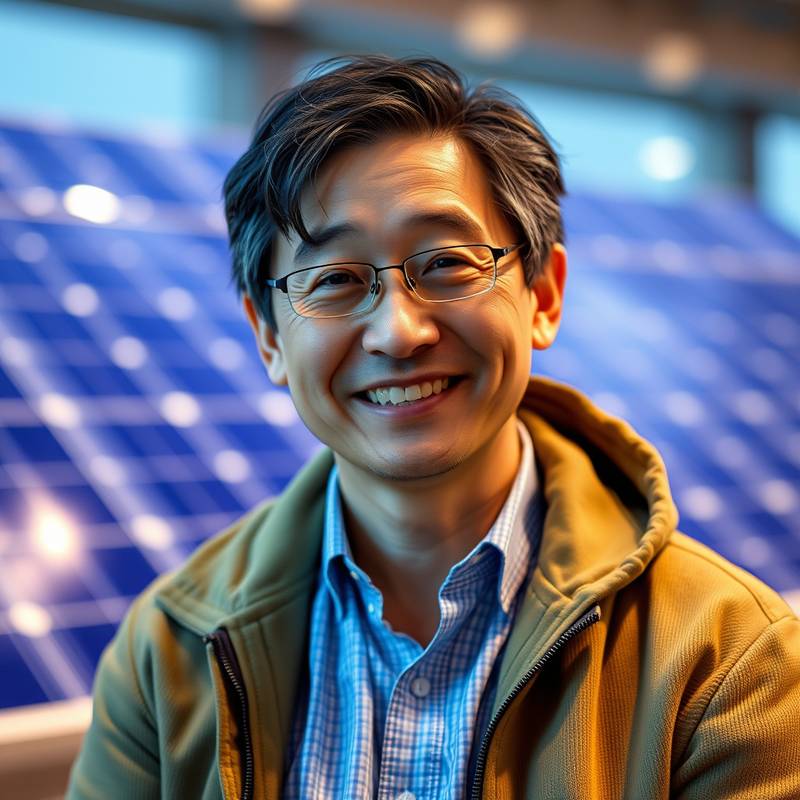 Portrait of Kenji Tanaka, a sustainable energy pioneer, smiling confidently during the interview.