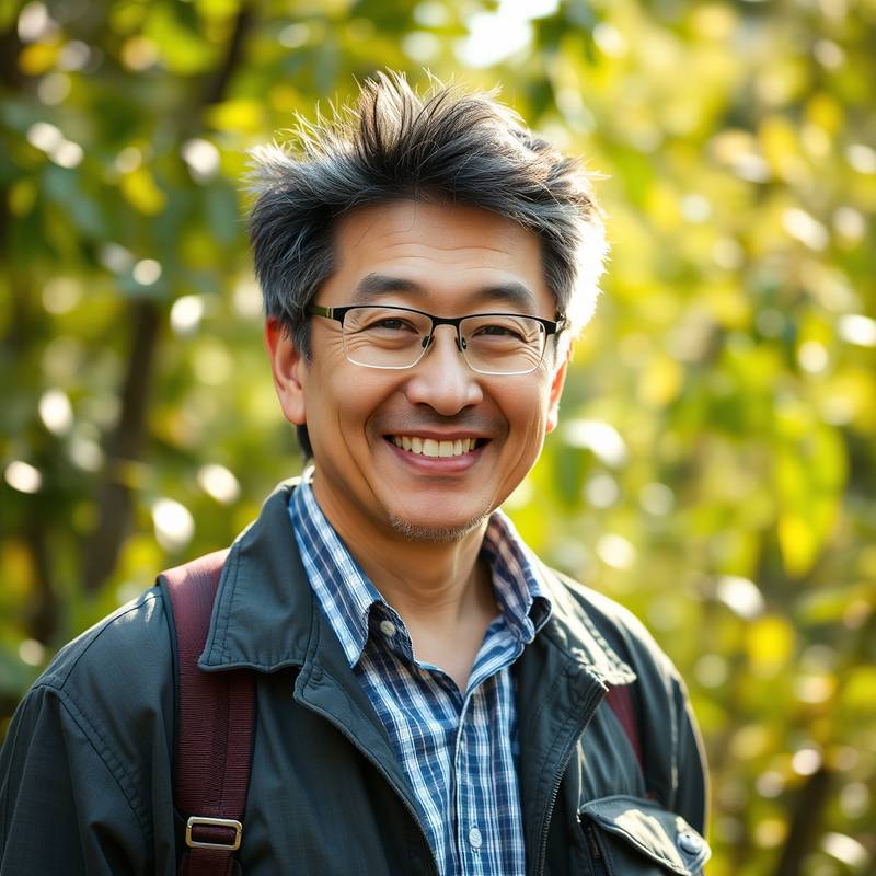 Portrait of Kenji Tanaka, a sustainable energy pioneer, smiling confidently.