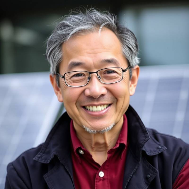 Portrait of Kenji Tanaka, a sustainable energy pioneer, smiling confidently.