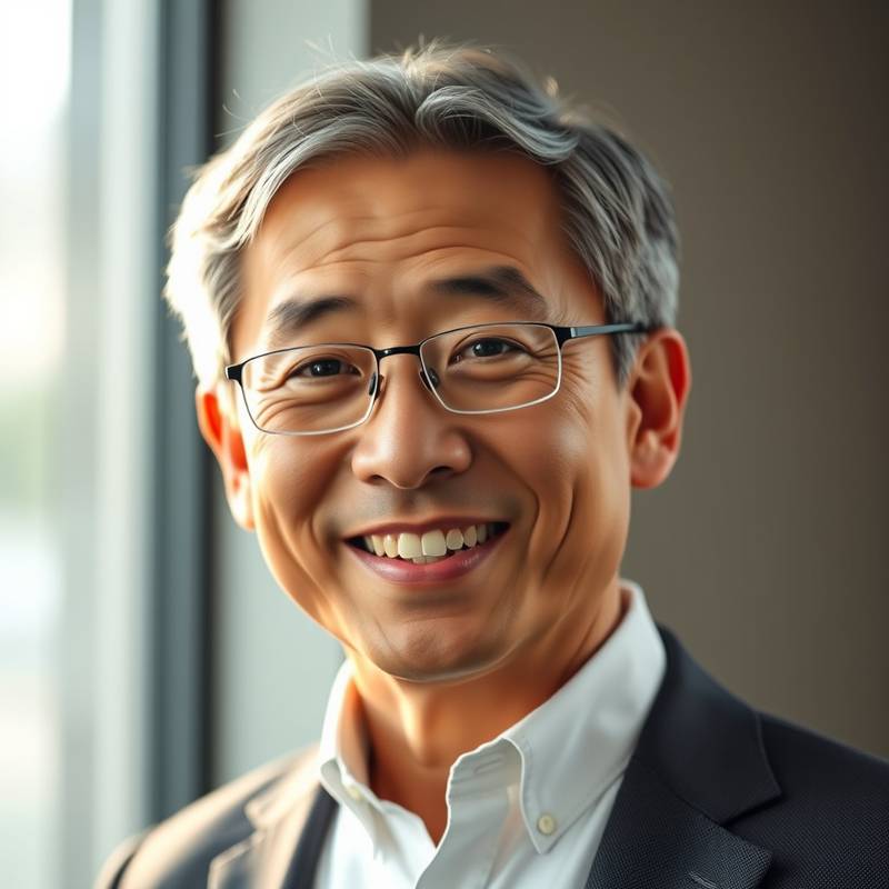 Portrait of Kenji Tanaka, a sustainable energy pioneer, smiling confidently.