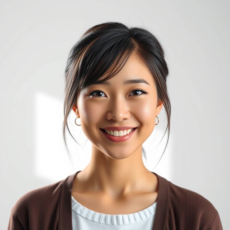 Portrait of Sarah Chen, a digital artist, smiling confidently in her studio.