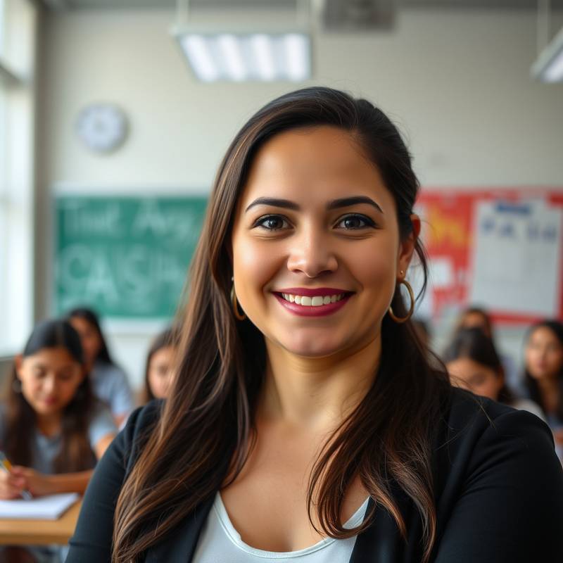 Professional portrait of Maria Rodriguez in a modern classroom setting, surrounded by students.